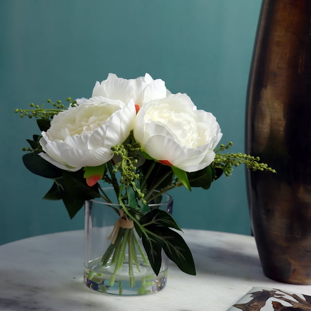 White Flowers in Clear Glass Jar, Artificial Flowers -9.5 White Flowers in Clear Glass Jar, Artificial Flowers -9.5